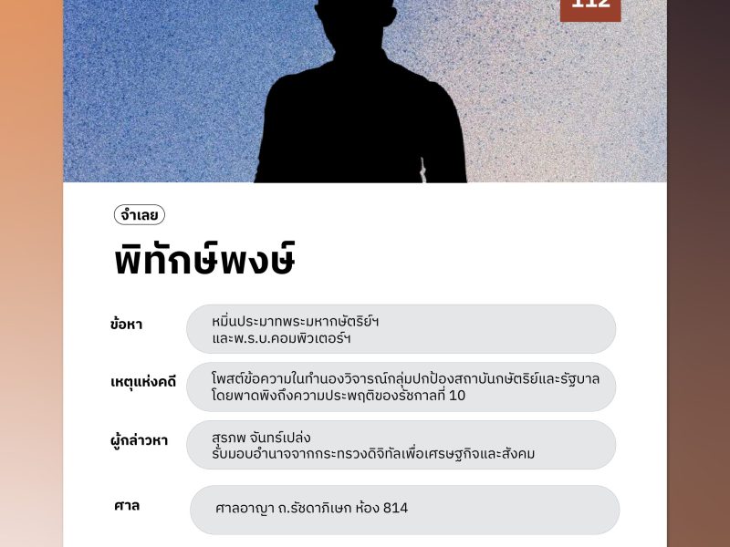 16 ม.ค. 67 นัดฟังคำพิพากษาอุทธรณ์คดีม.112 ของพิทักษ์พงษ์